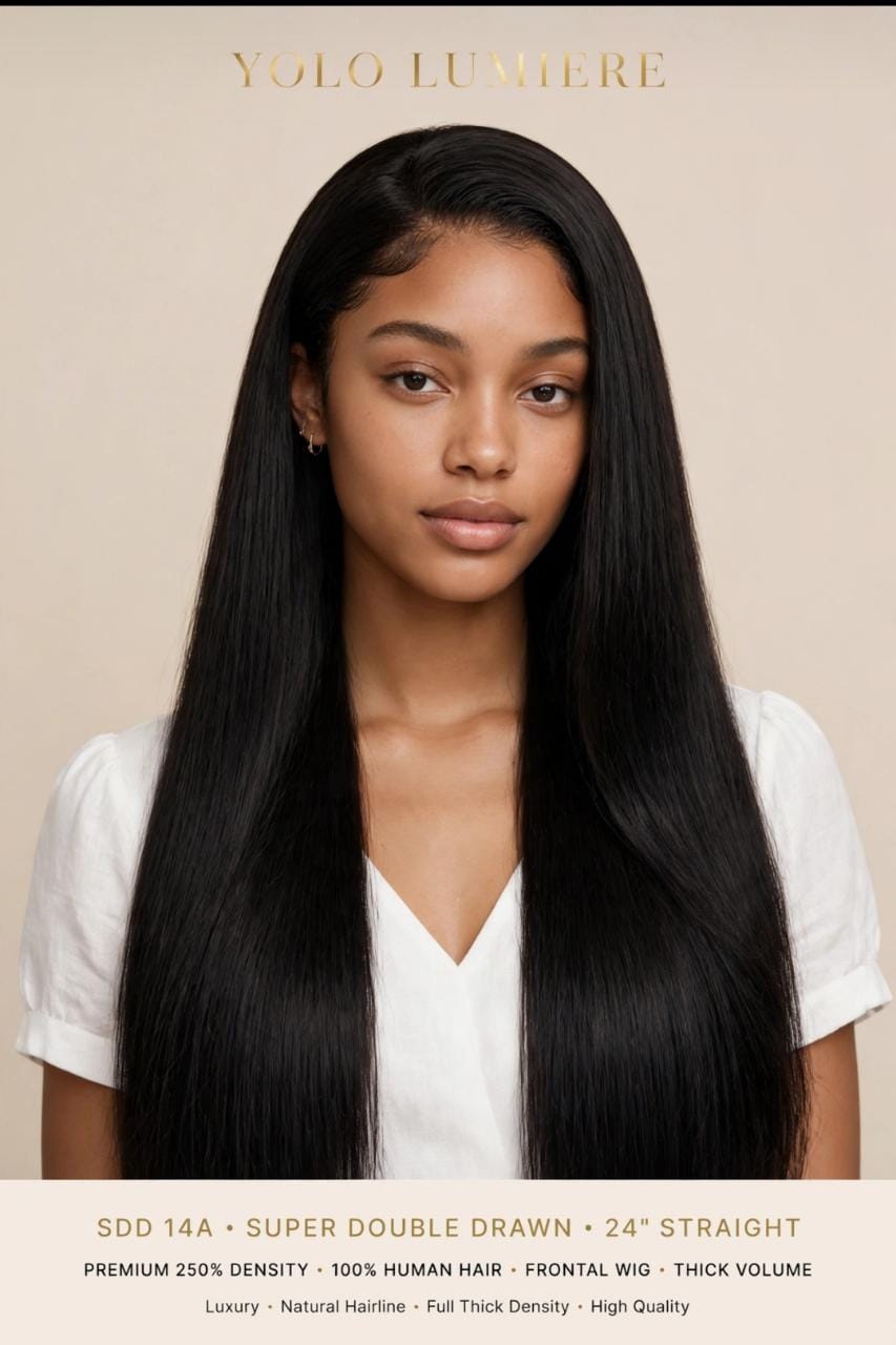YOLO LUMIERE SDD 14A Super Double Drawn Frontal Wig - 24 Inch Straight - 250% DensityTHE BOSS LADY WIG - Thick From Root To Tip!SDD = Super Double Drawn = Full, thick volume with NO thin ends! Our most luxurious wig.
